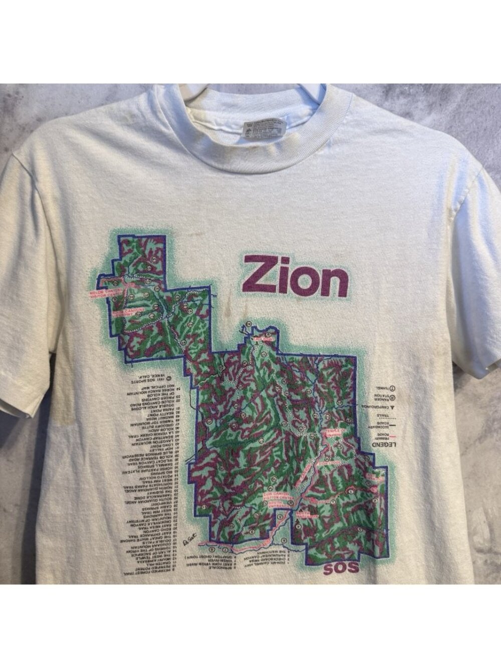 Vtg 1991 SOS Sports Zion National Park Map T Shirt Mens M Hanes Beefy T 90s USA